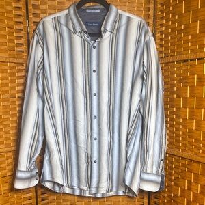 Tommy Bahama Men's Blue, Grey and White Striped Button-Down Shirt